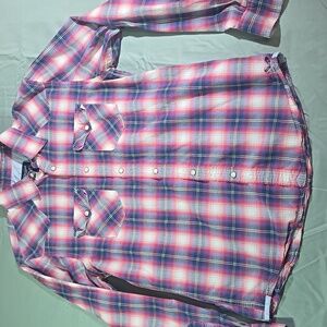 American Eagle Outfitters Red and Blue Plaid Pearl Snap Shirt Size Medium